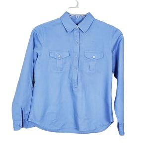 Talbots Blue Half Button Front Roll Tab Sleeve Linen Cotton Blend Shirt PP